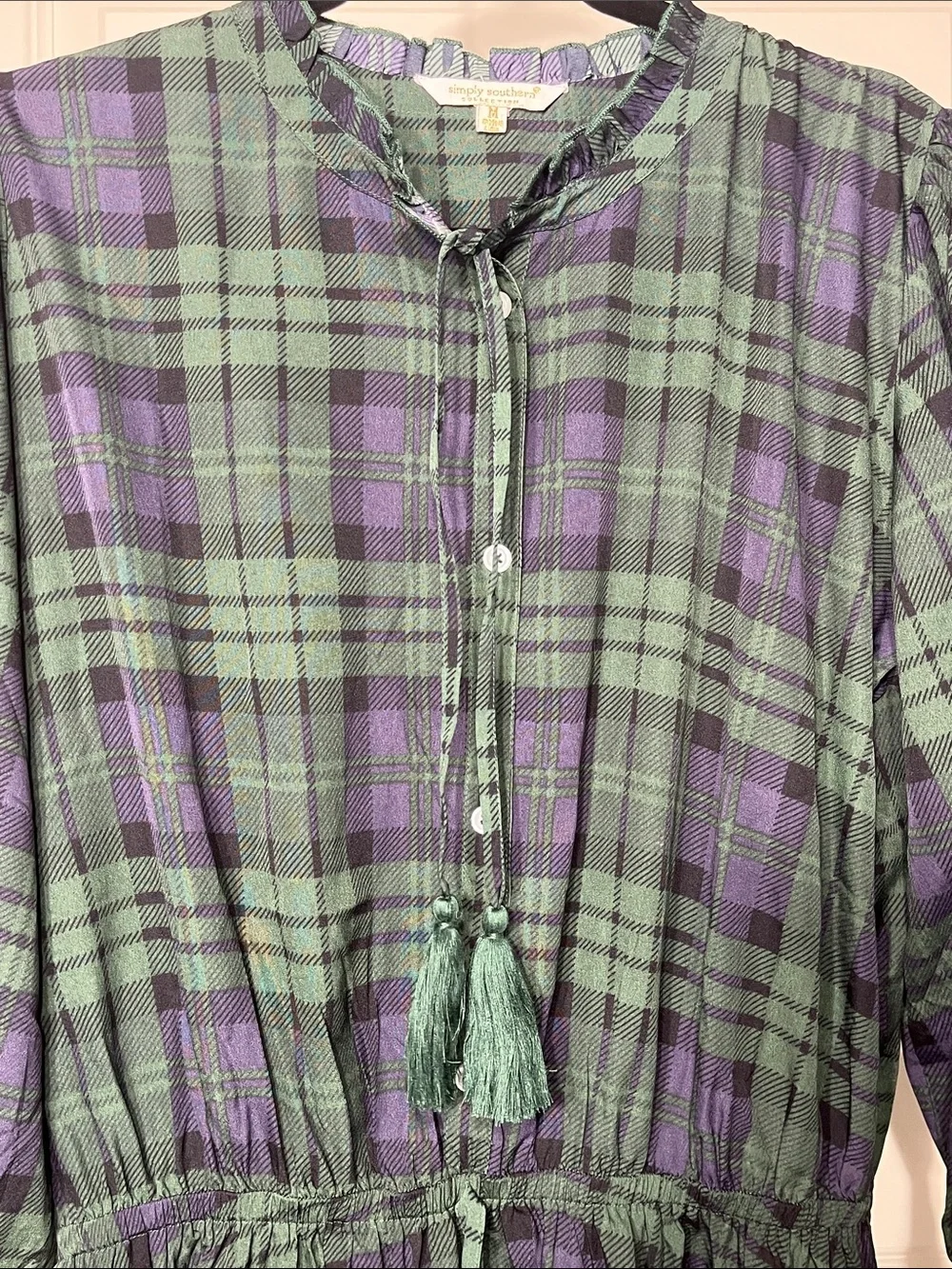 Simply Southern Plaid Tassel Tiered Mini Dress Green Purple Size M